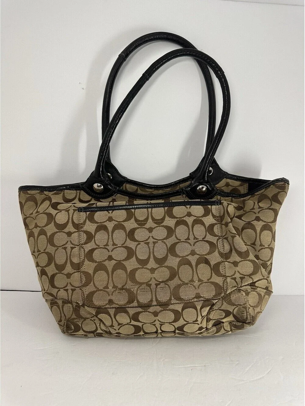 Coach Signature Jacquard Bleeker Tote Bag - Tan with Black Leather Trim